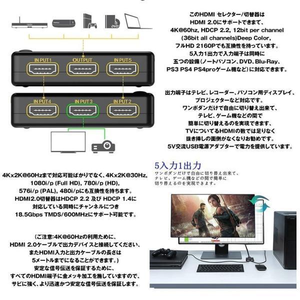 HDMIセレクター 5入力1出力 HDMI切り替え器 分配器 自動切り換え 4K