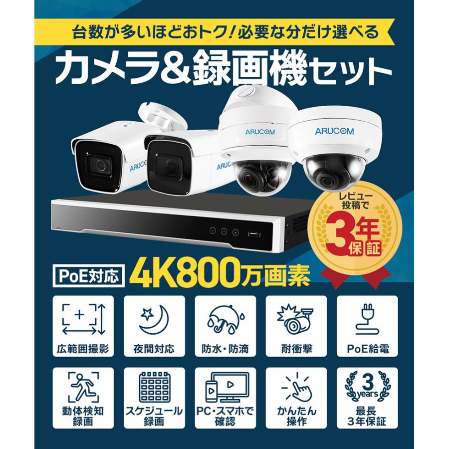 防犯カメラセット 屋外 屋内 4K UHD 1〜8台 ネットワーク IP PoE
