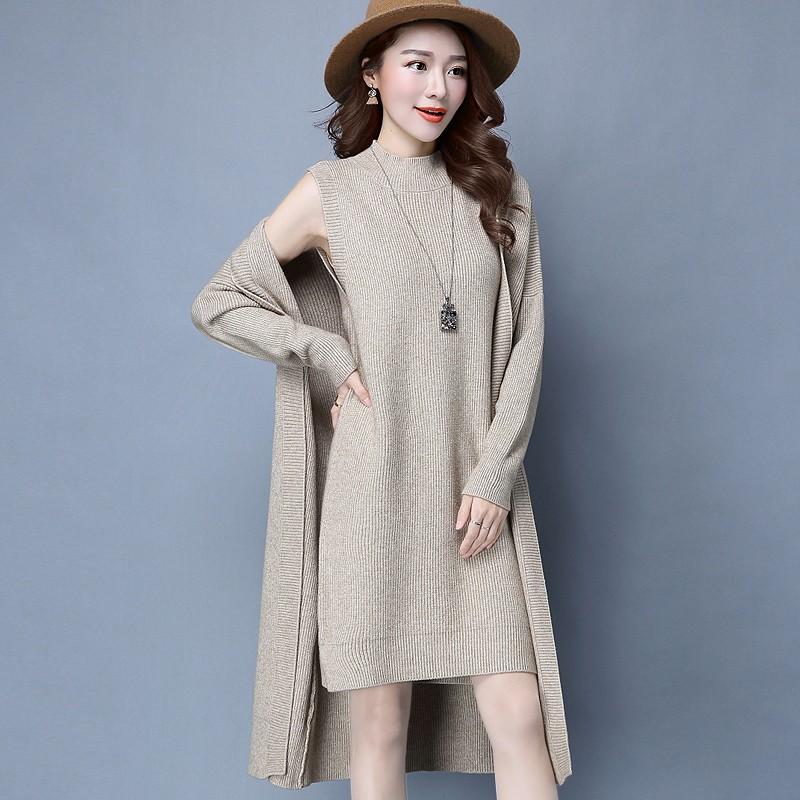 レディース 秋 冬 ニットワンピ ひざ上丈 2点セット ノースリーブ ハイネック セットアップ ニットカーディガン 長袖 ロング 羽織り