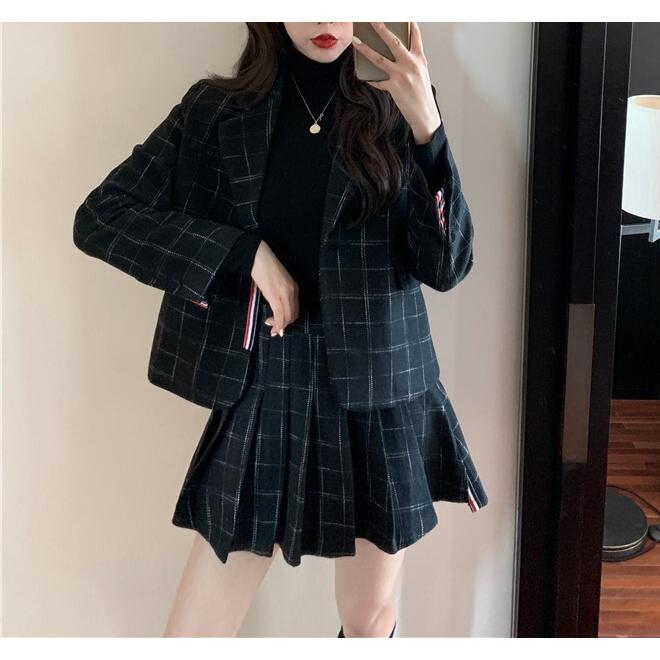 レディース 秋 冬 セットアップ ツーピース ジャケット プリーツスカート ミニ丈 2点セット 格子縞 ジャケットにポケット付きブラック チェック柄 韓国 Cnalbn0086 Bouquet 通販 Yahoo ショッピング