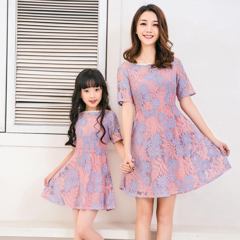 親子コーデ 親子ペアルック リンクコーデ ママとお揃い フラワーレース 半袖 ワンピース ピンク パープル 上品 新作 春夏 膝丈ワンピース ドレス 結婚式 刺繍 Supersport Tn