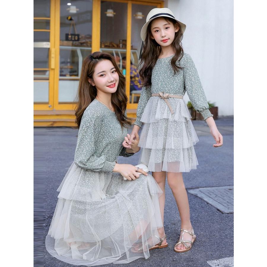 親子コーデ 親子ペアルック リンクコーデ ママとお揃い 小花柄 長袖 シフォン スカート ワンピース ミモレ丈 膝丈ワンピース グリーン ベージュ シースルー Aラ Antoniodomingo Es