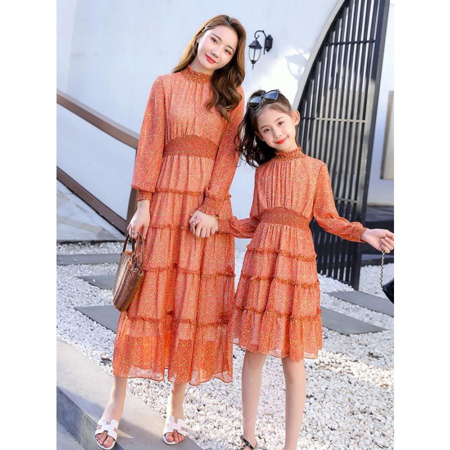 親子コーデ 親子ペアルック リンクコーデ ママとお揃い シフォン 長袖 膝丈ワンピース シースルー クルーネック Aライン フレア 春 上品 Apaproduction Fr
