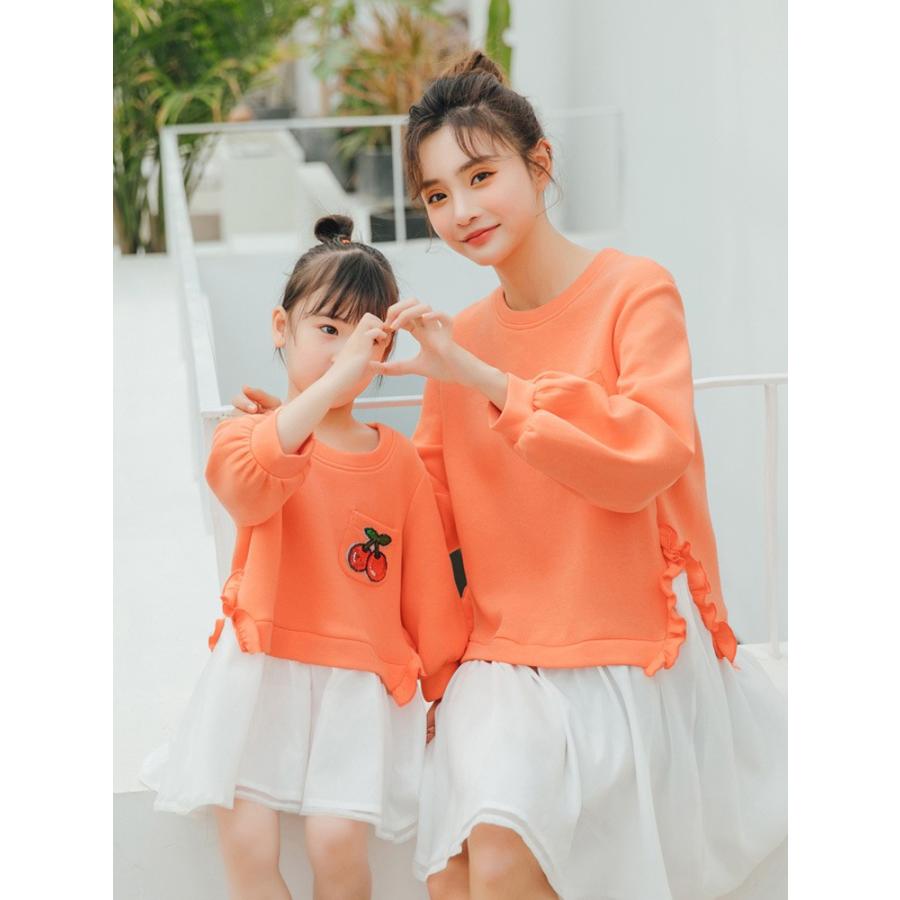 親子コーデ 親子ペアルック リンクコーデ ママとお揃い チェリー デザイン 長袖 ドッキング ワンピース フレアフリル 膝丈 イエロー オレンジ サクランボ Aライ Www Arilab Com Tr Index Php