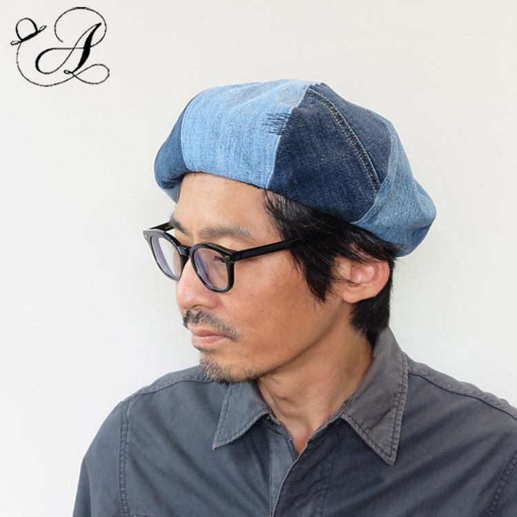 リメイク デニム ベレー帽 リサイクル インディゴ 本革ベルト メンズ