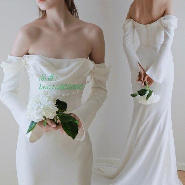 21年春夏再入荷 ウェディングドレス 長袖 肩出し シンプル マーメイドライン 花嫁 結婚式 ロング 披露宴 二次会 トレーンドレス フォト ウェディング 代引不可 Skylanceronline Com