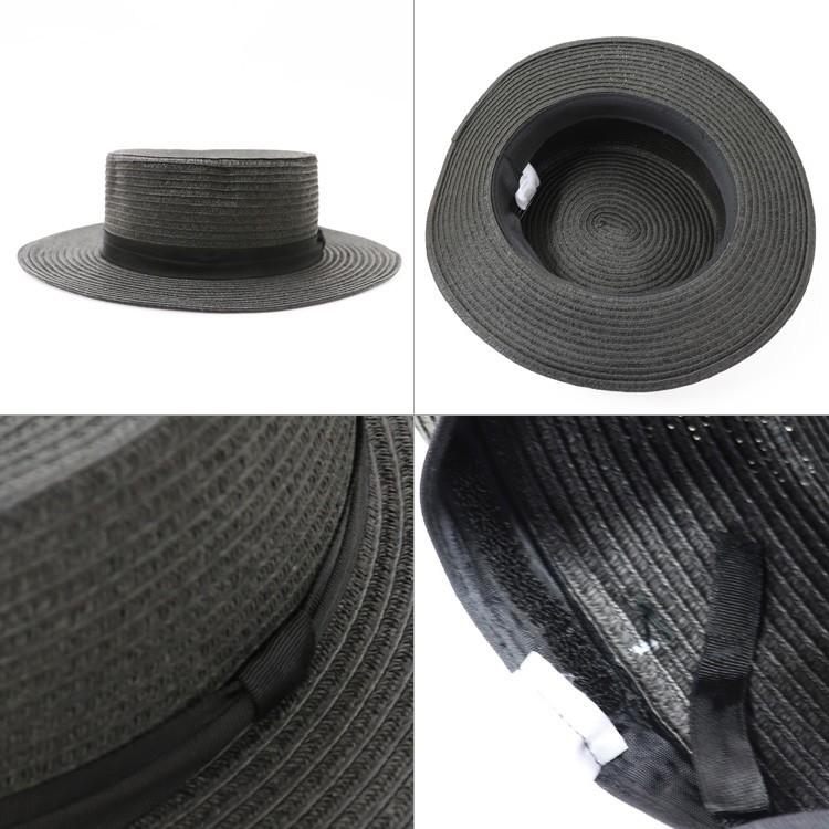 カンカン帽 レディース つば広 リボン 春 夏 ストローハット ブラック