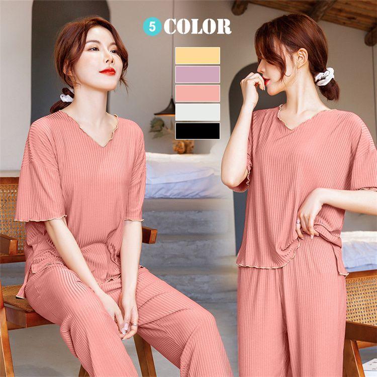 パジャマ レディース 2点セット ルームウェア ナイトウェア 室内着 大人用パジャマ ロングパンツ 無地 柔らかい 可愛い おしゃれ シンプル 半袖 部屋着 春夏 綿 Jjq32n073f Godawaripowerispat Com