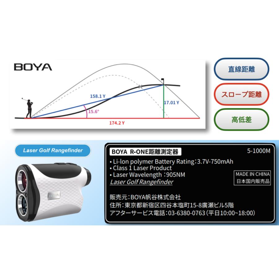 BOYA ゴルフ レーザー距離計  LCD赤色表示 最速0.2秒 最大1000m 高低差補正 スコープ 充電式 防水 距離計 距離測定器 R-ONE 黒｜boyajapantool｜10