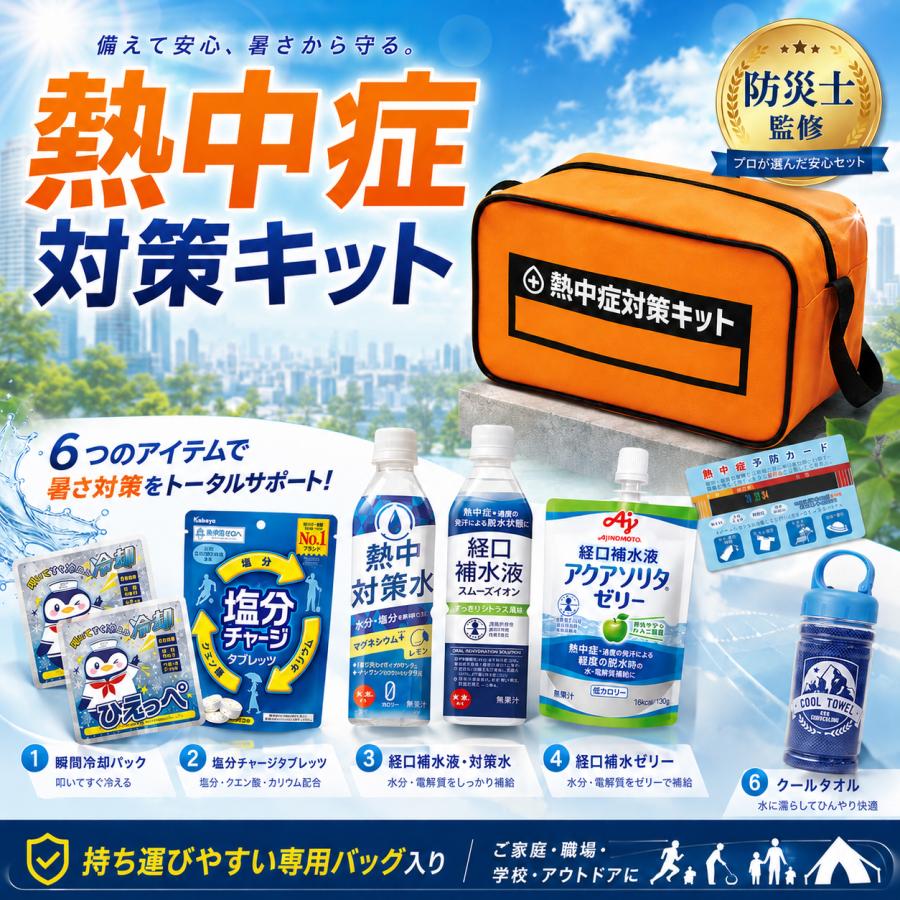 【防災士×災害備蓄管理士 監修】熱中症対策キット バッグ付き 夏用 熱中対策セット 工事現場 スポーツ レジャー 対策 応急処置セット 屋外作業 熱中対策グッズ | 