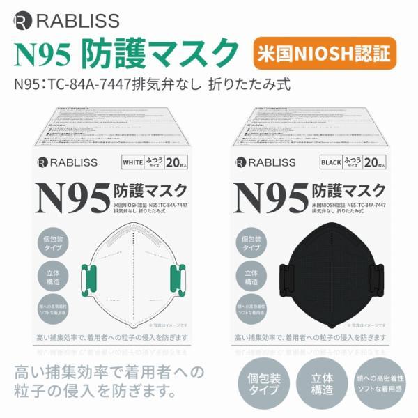 N95マスク 4層 (個別包装 20枚入) 小林薬品 RABLISS【 米国NIOSH認証 医療用マスク規格 】N95 マスク 医療用  ホワイト ブラック |  | 02