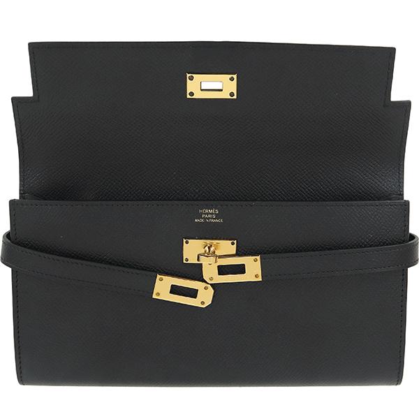 ルメス ケリーウォレット ロング エプソン ノワール ブラック ゴールド金具 二つ折り長財布 サイフ 長札 フラップウォレット 超美品 147276 Kelly エルメス 財布 ケリーウォレット ロング エプソン ノワール