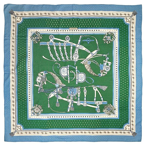 エルメスカレ 140カシミヤシルク カシシル 宮廷の馬具 スカーフブルー HERMES（エルメス） カレジェアン 140 ショール スカーフ 宮廷の馬具