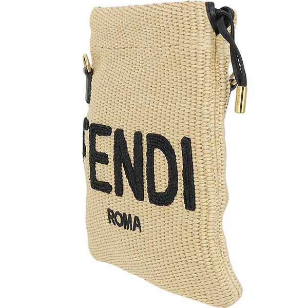 フェンディ パックスリムクラッチ スモール ラフィア ベージュ ブラック FENDIロゴ 刺繍ロゴ ハンドバッグ ショルダーバッグ ドローストリング 巾着 超美品 h-g764 FENDI（フェンディ） パックスリムクラッチ スモール ハンドバッグ