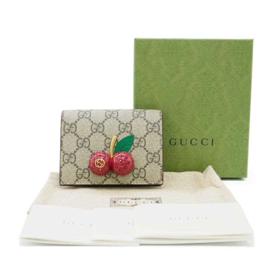 未使用品 GUCCI グッチ チェリー 二つ折り財布 476050 GGスプリーム さくらんぼ ベージュ ハイビスカス