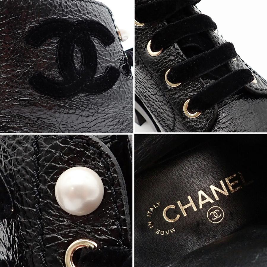 美品 シャネル リボン ココマーク ベロア ショートブーツ レザー ブラック CHANEL（シャネル） 美品 ショートブーツ レースアップ ココマーク