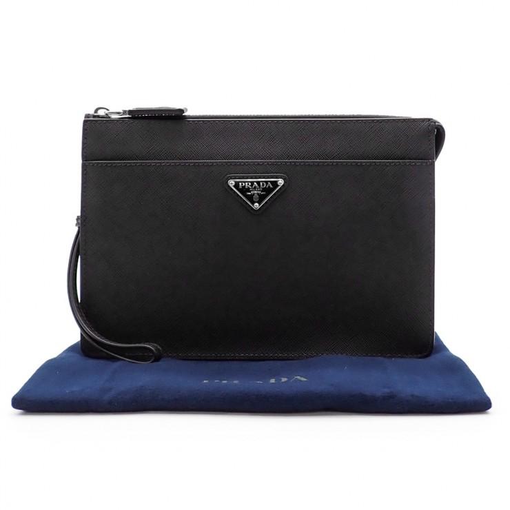 PRADA プラダ ナイロン サフィアーノ レザー ポーチ ブラック シルバー PRADA（プラダ） 未使用品 サフィアーノレザー ポーチ クラッチバッグ