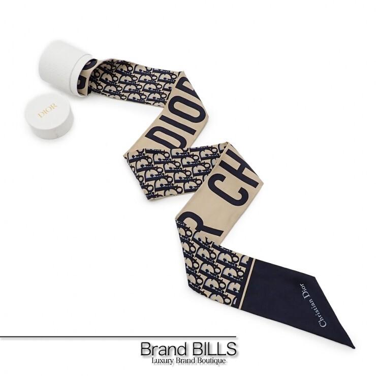 Christian Dior クリスチャンディオール ミッツァ スカーフ リボンスカーフ オブリーク シルク ネイビー ベージュ | Christian Dior