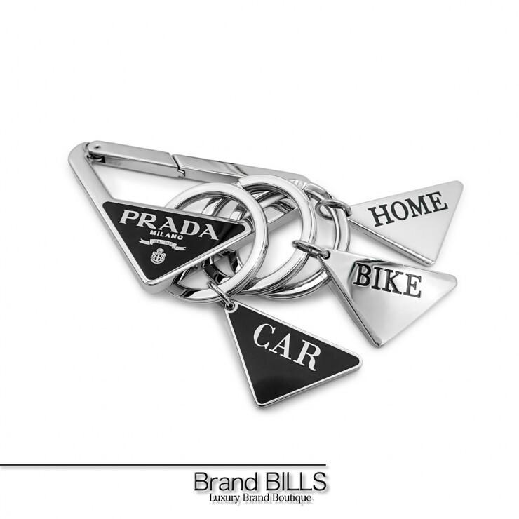 未使用品 PRADA プラダ メタルキーチェーン キーリング チャーム トライアングルロゴ スティール エナメル ブラック シルバー 2PS065 | PRADA