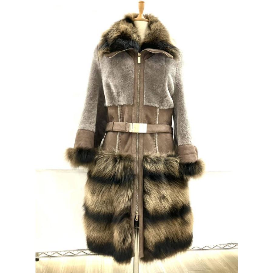 中古 Shearling デザイン ムートン ラクーン 毛皮 ロングコート 