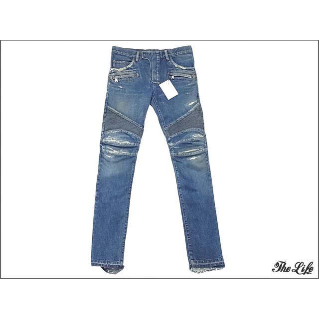 BALMAIN 中古 美品 15AW BALMAINダメージステッチバイカーデニムパンツ 