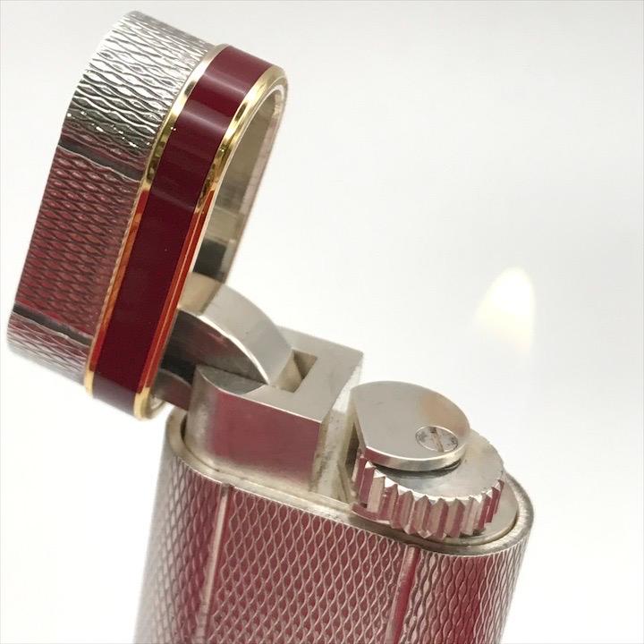 美品 Cartier カルティエ ガスライター ローラー式 シルバー 総柄 ボルドー ゴールド 喫煙具 煙草グッズ 着火良好 箱付き a4164_1