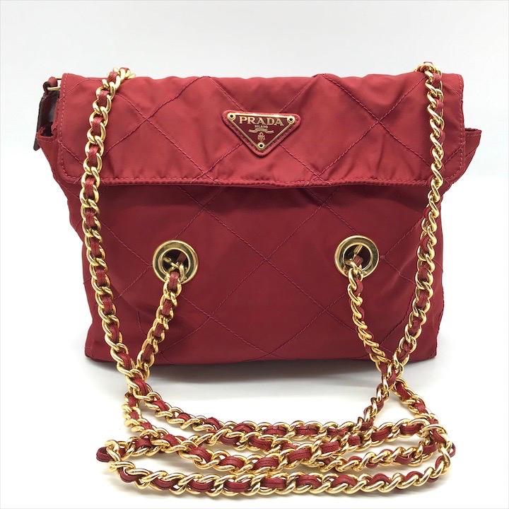 良品 PRADA プラダ テスート ナイロン ロゴプレート チェーン トート 