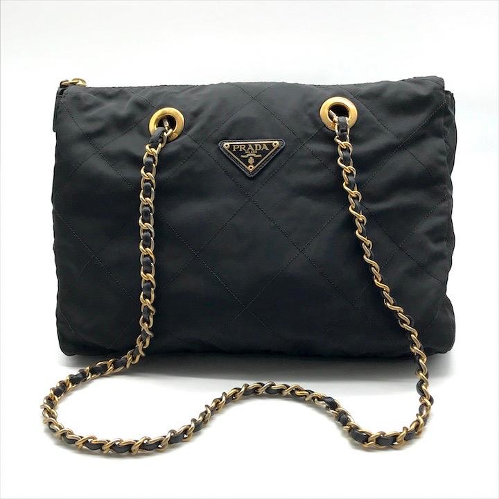 良品 PRADA プラダ テスート ナイロン キルティング 三角ロゴ チェーン  