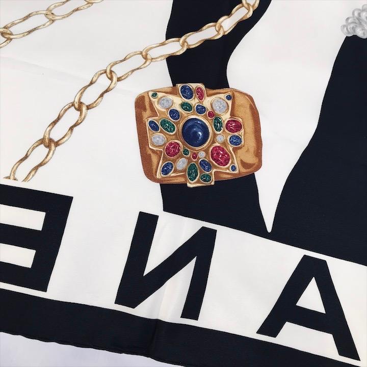 良品 CHANEL シャネル マドモアゼル 大判 スカーフ ブラック シルク