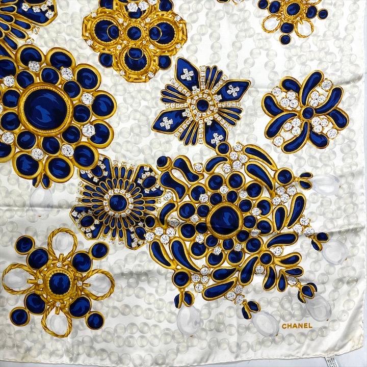 良品 CHANEL シャネル 大判 スカーフ ストール シルク 宝石 ホワイト
