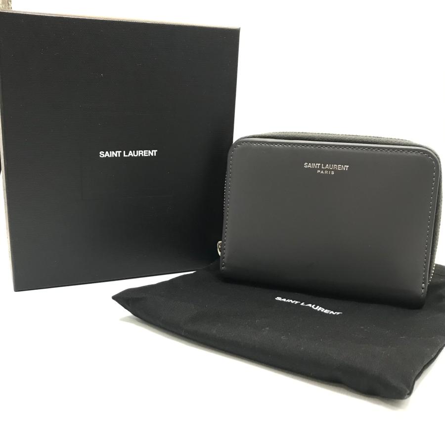 美品 SAINT LAURENT サンローラン レザー ロゴ 二つ折り コンパクト 財布 ジッピー グレー ｍ12561 SAINT LAURENT サンローラン レザー ロゴ 二つ折り コンパクト 財布