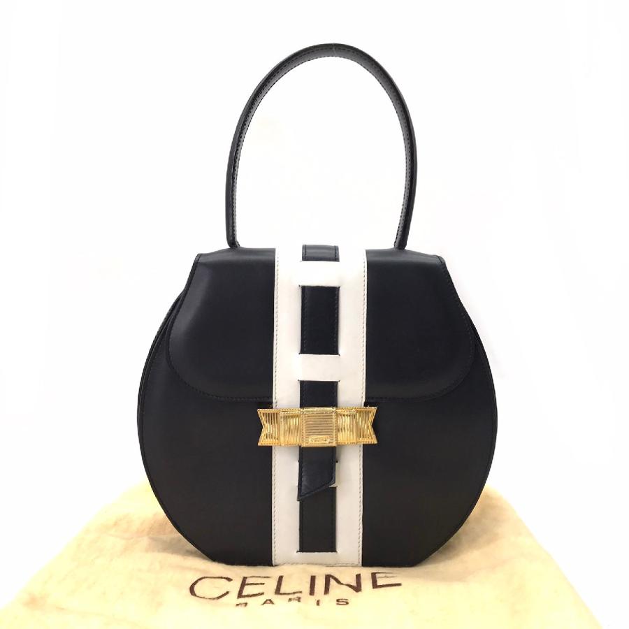 CELINE（セリーヌ） レザー リボン ハンド バッグ ネイビーxゴールド