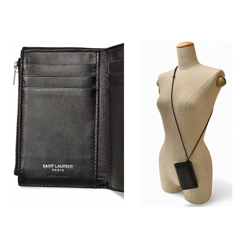 サンローラン 財布/三つ折 YSL SAINT LAURENT スムースレザー ネックストラップ ブラック 820355【中古】 Yves Saint Laurent（イヴ・サンローラン） サンローラン 財布/三つ折