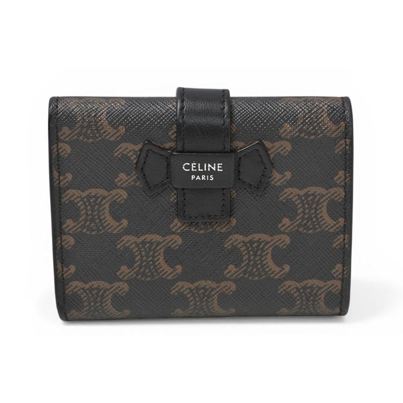 セリーヌ 財布/ミニ財布 CELINE 三つ折り財布 ファイン ストラップウォレット/トリオンフキャンバス ブラック/ブラウン【中古】 CELINE（セリーヌ） 財布/ミニ財布 三つ折り財布 ファイン ストラップ