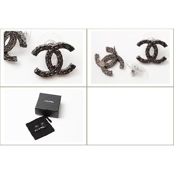 CHANEL シャネル ピアス CCマーク カメリア柄型押し ブラック A44637  