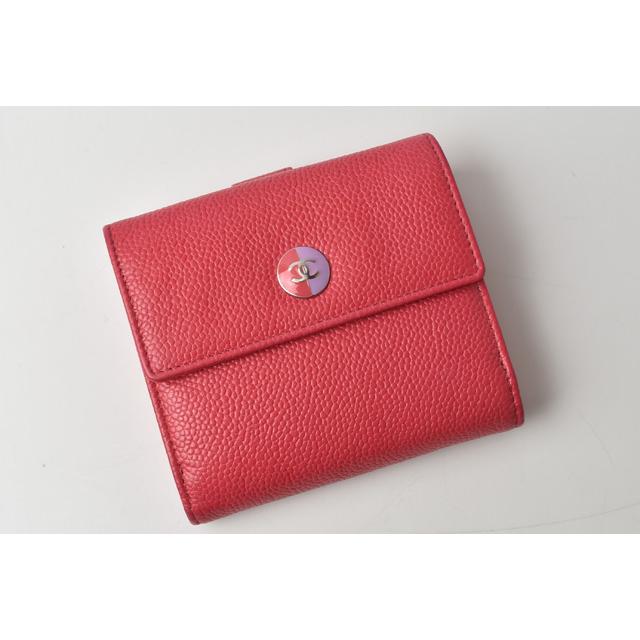 シャネル 財布 CHANEL 折財布 バイカラーボタン キャビアスキン ローズ  