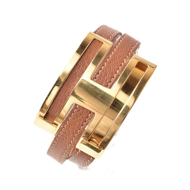 HERMÈS エルメスプスプス2連Hロゴブラックシルバー レザー バングル