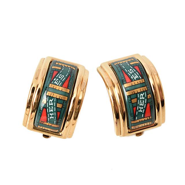 HERMES エルメス イヤリング エマイユ 七宝焼 ロゴ/グリーン : Import  