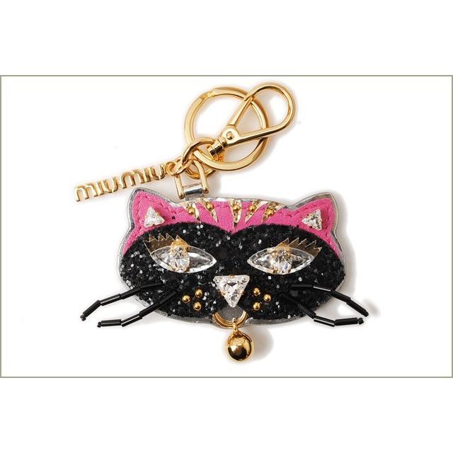 ミュウミュウ キーリング/キーホルダー miumiu ネコ/キャットモチーフ　5ARH85 NERO/ブラックマルチ　ラインストーン爆買の画像