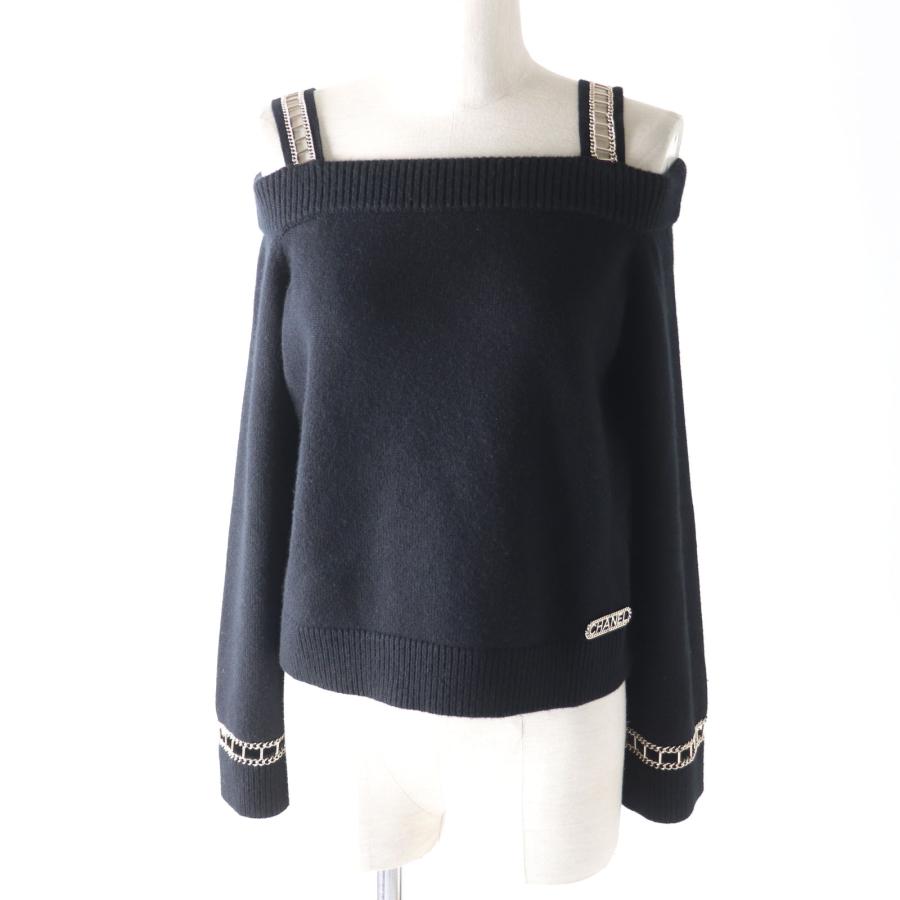 【ドンドン見直し】極美品 CHANEL シャネル P62881 カシミヤ100％ ロゴプレート付 オフショルダー 長袖 ニット ブラック ゴールド金具 36 保存袋付き イタリア製 レディース CHANEL（シャネル） 【ドンドン見直し】極美品 P62881 カシミヤ100