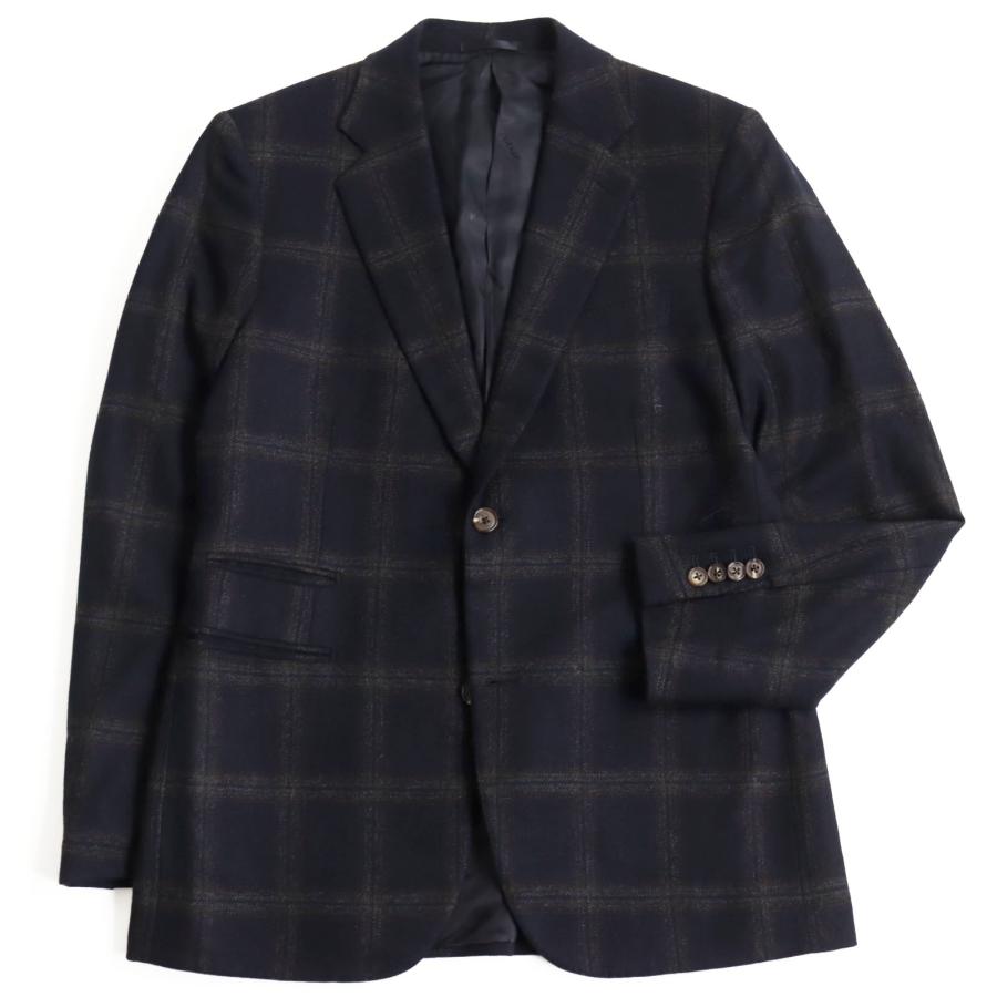 美品 HERMES エルメス 2018年製 カシミヤ100% ツイード 裏ロゴ総柄 チェック柄 テーラードジャケット ネイビー ブラウン 48 伊製 正規品 HERMES（エルメス） 【ドンドン見直し】美品 2018年製 カシミヤ100