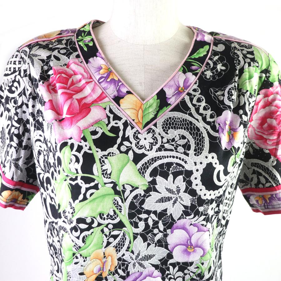 LEONARD 美品□LEONARD レオナール 花柄 コットン100％ Vネック 半袖  