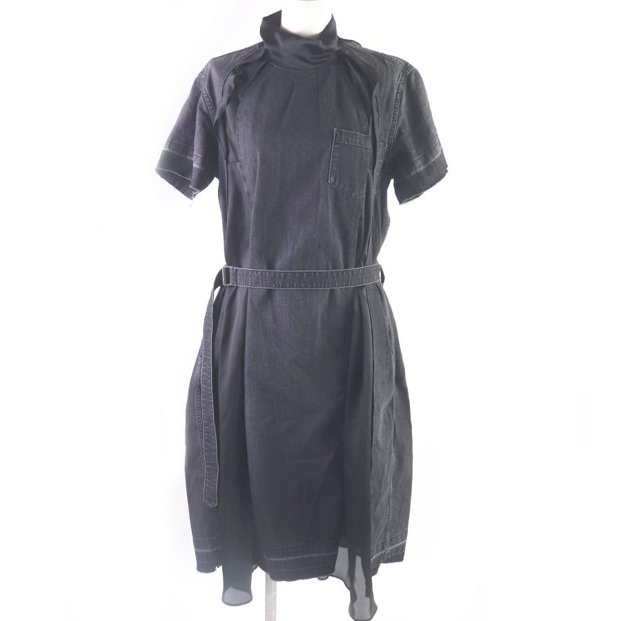 極美品□Sacai サカイ 19-04572 シフォン切替デザイン 半袖 ショートスリーブ デニムワンピース ブラック 1 日本製 正規品 レディース sacai（サカイ） 極美品□Sacai 19-04572 シフォン切替デザイン 半袖