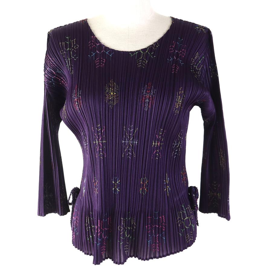 極美品△プリーツプリーズ イッセイミヤケ PP53-JK721 総柄 サイドリボン付き 七分袖 カットソー パープル系 3 日本製 正規品 レディース 極美品△プリーツプリーズ イッセイミヤケ PP53-JK721 総柄 サイド