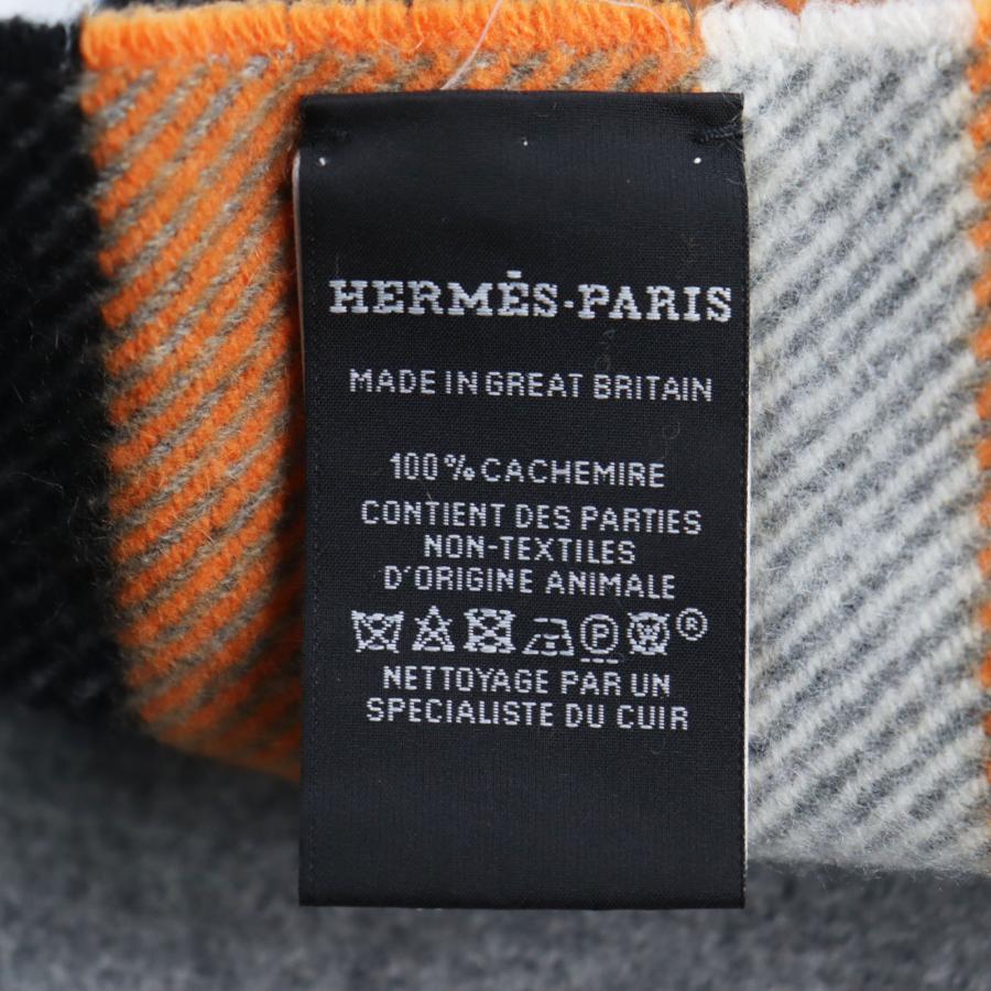 極美品●HERMES エルメス カシミヤ100％ レザータグ フリンジ付き ブランケット 超大判マフラー グレー系 オレンジ 英国製 正規品 メンズ｜brand-td-store｜07