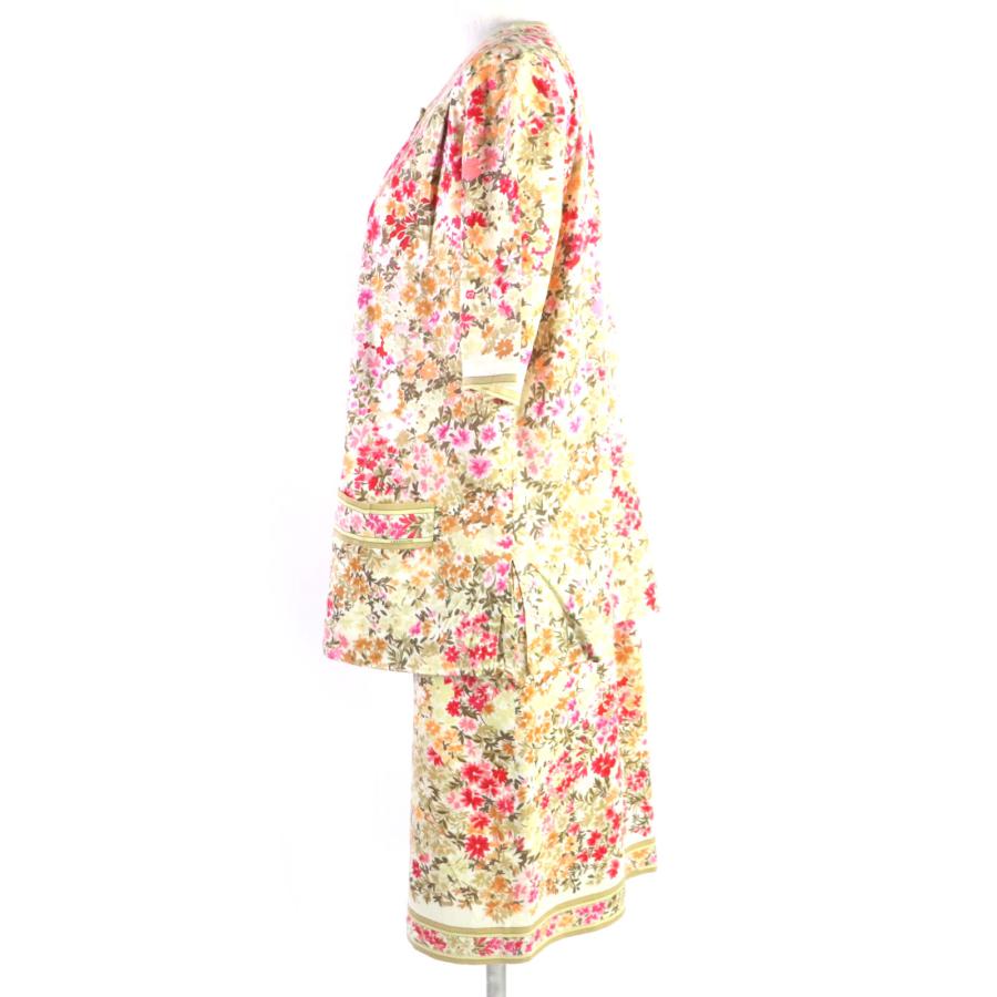 LEONARD 美品▽レオナール コットン100% 花柄 金ボタン ノーカラー  