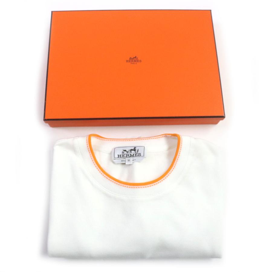 未使用品▼HERMES エルメス 2019年製 BLANC Hロゴ刺繍 胸ポケット付 半袖Ｔシャツ ホワイト オレンジ M 箱付き イタリア製 正規品 メンズ｜brand-td-store｜02