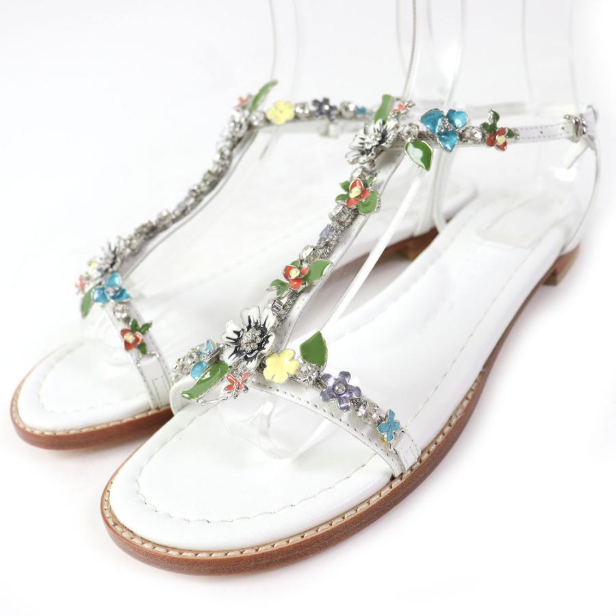 未使用品△ツルバイマリコオイカワ Minty レザー フラワージュエル アンクルストラップ付き ビジューサンダル フラットサンダル 白 37 未使用品△ツルバイマリコオイカワ Minty レザー フラワージュエル