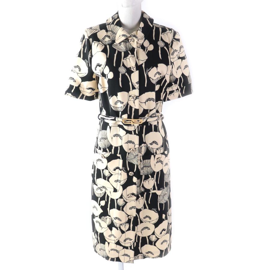 未使用品★グッチ 2021年製 653181 ポピーフラワープリント GGベルト付 半袖 ロングドレス/ワンピース ブラック ベージュ M 伊製 正規品 GUCCI（グッチ） 未使用品☆グッチ 2021年製 653181 ポピーフラワー