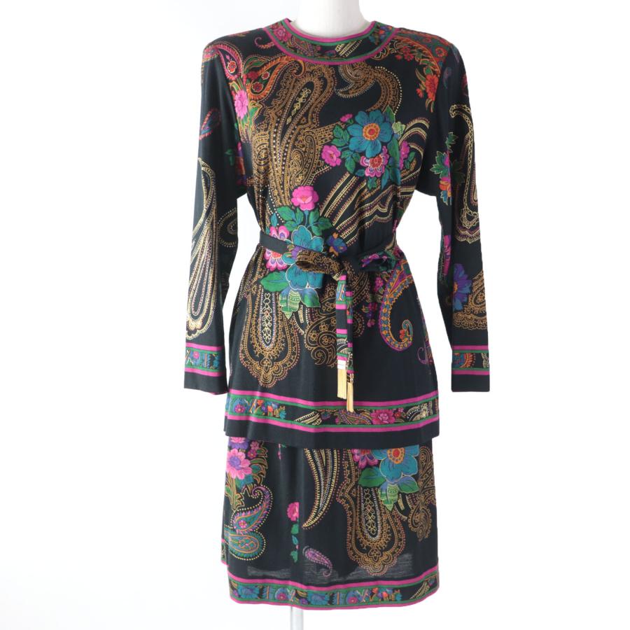 美品☆レオナール ファッション シルク混 花柄・ペイズリー柄 長袖カットソー スカート セットアップ マルチ M・63 日本製 レディース 美品☆レオナール ファッション シルク混 花柄・ペイズリー柄 長袖